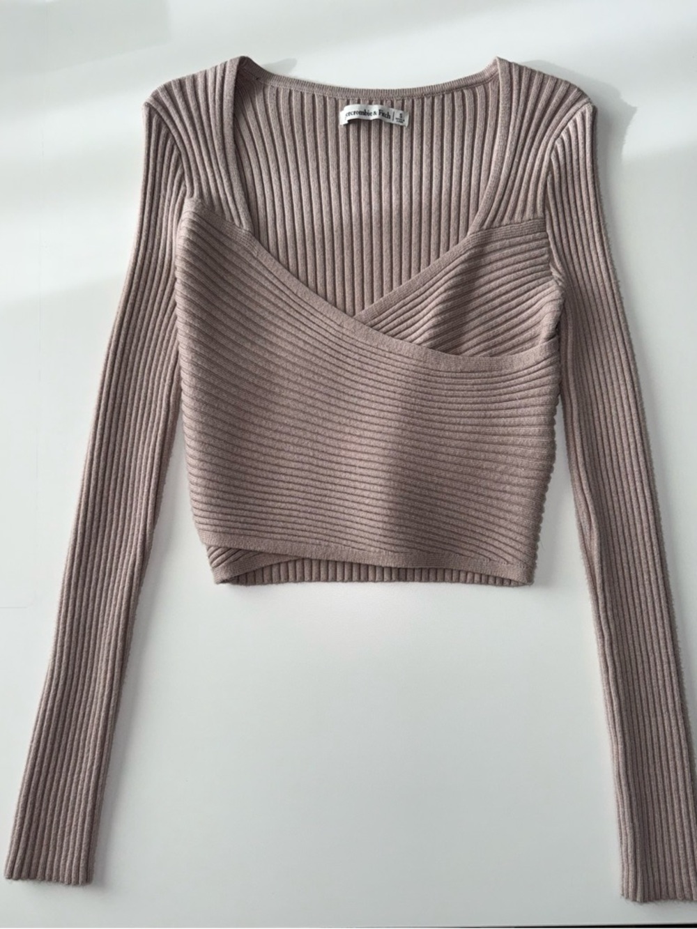 Abercrombie & Fitch Ribbed Wrap-Front Long-Sleeve Crop Top - Taupe